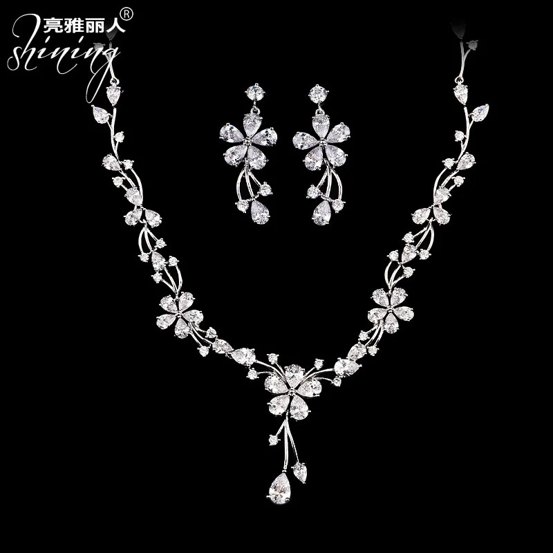 brand genuine Luxury real jewels Liangya beauty New Set Bridal Jewelry Earring Necklace two piece 3A zircon set chain high quali