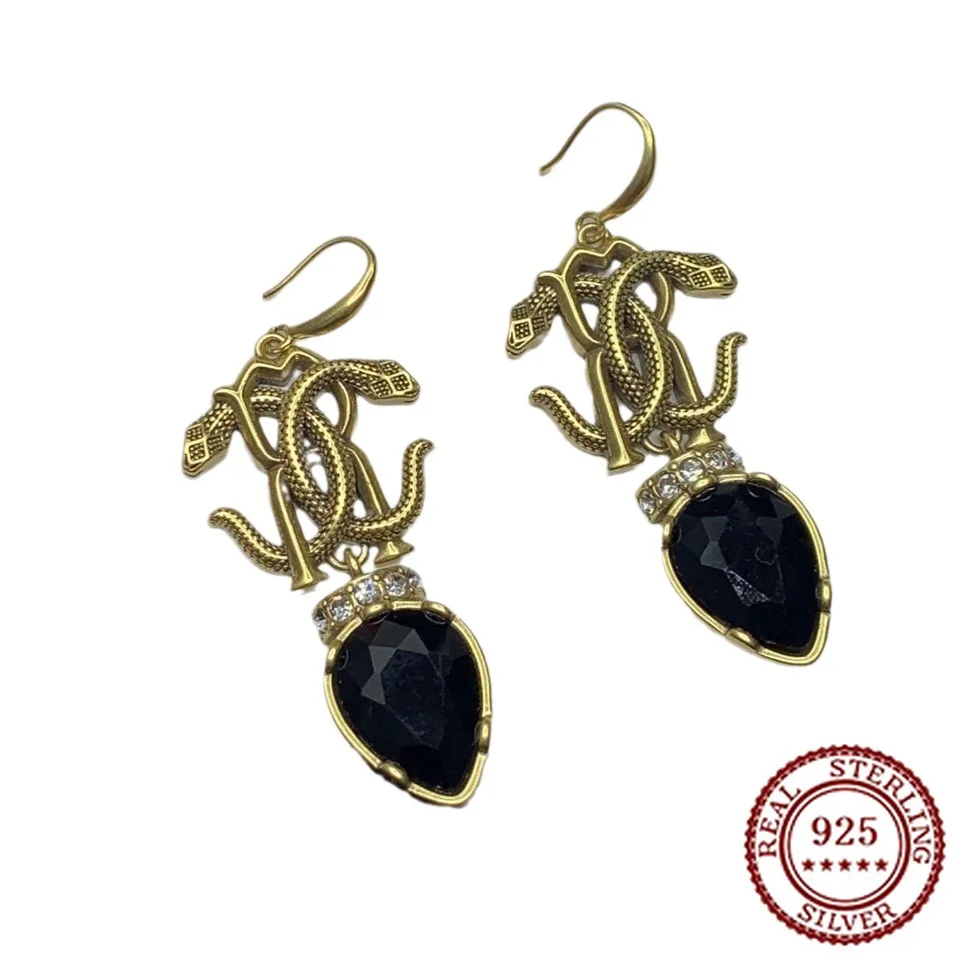 

2025 New Trendy Classic Double Headed Snake Inlaid Diamond Water Drop Earrings for Women Black Diamond Earhooks