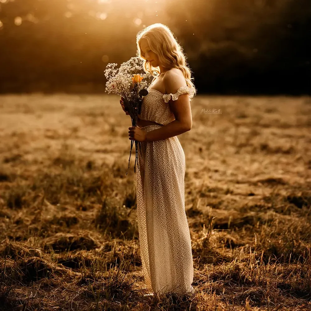 

Photography Dress For Women Cotton Thread Embroidered Yarn Simple Off Shoulder Short Top&Sexy Wide Leg Pants Maternity Session