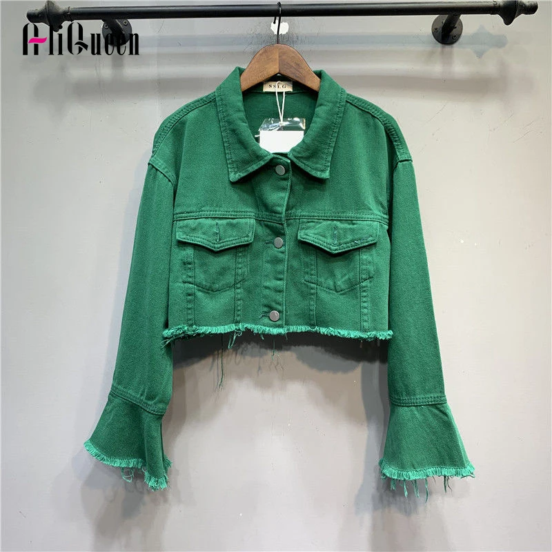 

Retro Clothes Flare Sleeve Women Green Denim Jacket Chaquetas Mujer Korean Fashion Outerwear Woman Tassel Crop Jean Coat Jackets