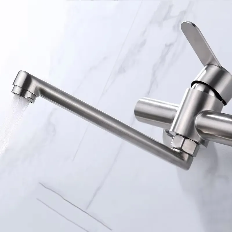 304 Stainless Steel Brushed Into The Wall Extended Spout Sink Faucet Vegetable Washing Basin Hot And Cold Faucet