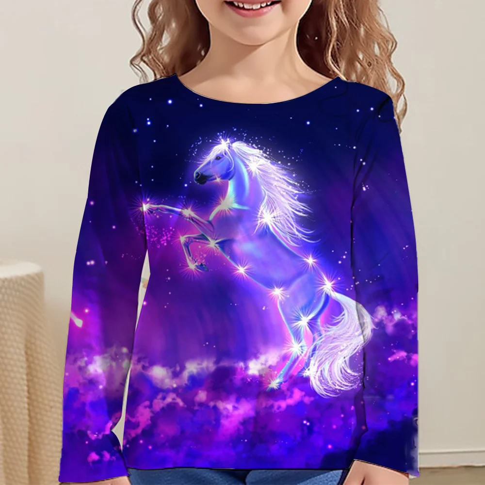 

Children's Clothing Rainbow Horse Graphic T Shirts Fashion Girl Clothes Long Sleeve Blouse for Girls Kids T-Shirts Children Top