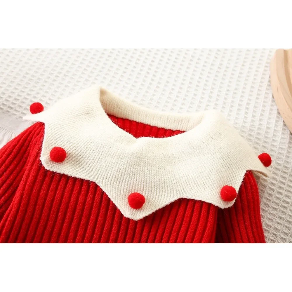 Kids Dresses for Girls Red Christmas Dress Lapel Long Sleeved Wear Sweater Dresses Winter New Years Kids Knitting Clothing