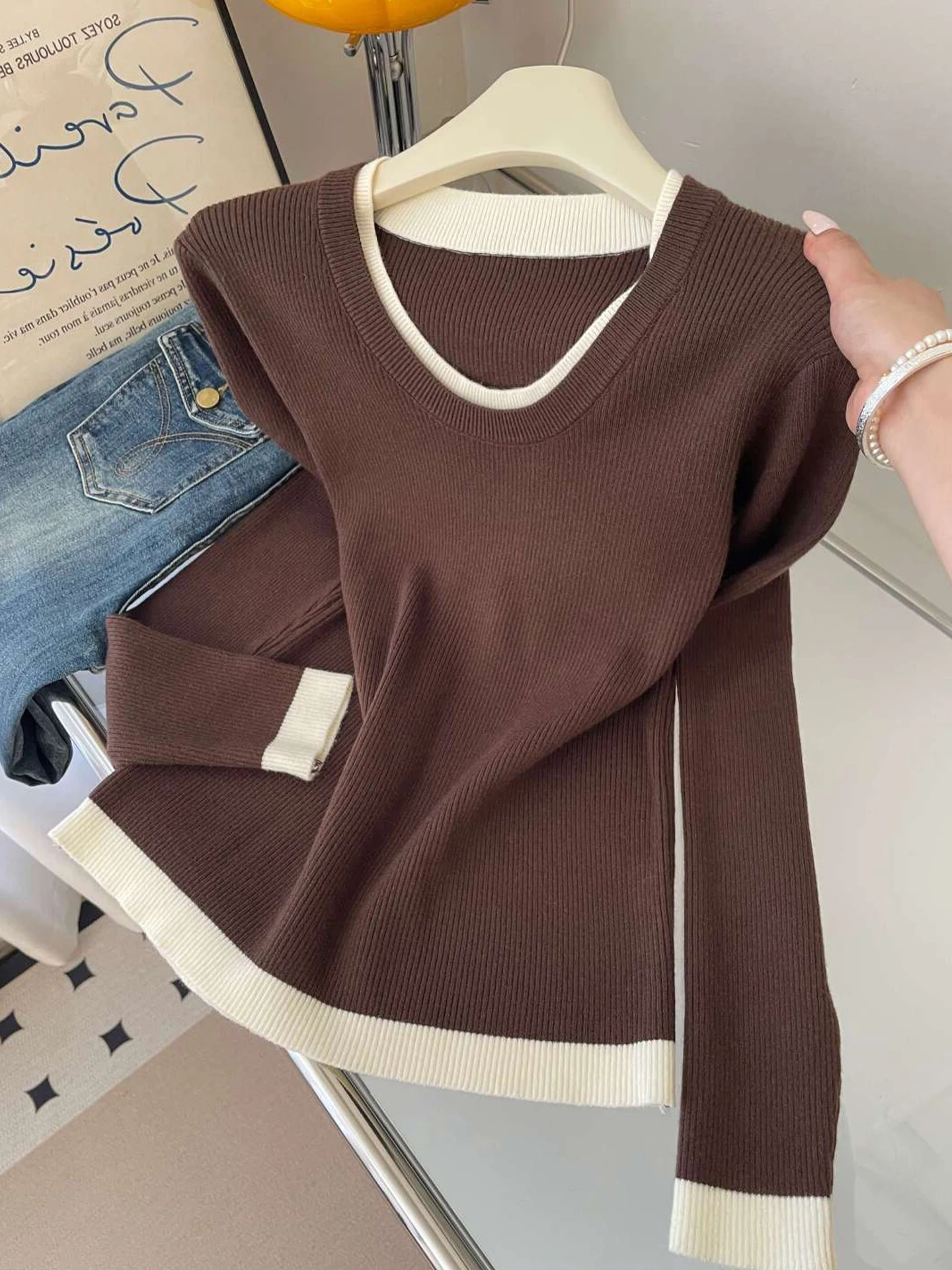 Korean Sle Fake Two-Piece Base irt Slimming Vintage Long Sve Knitted Top Casual Commute Women's Faion Winter 2025