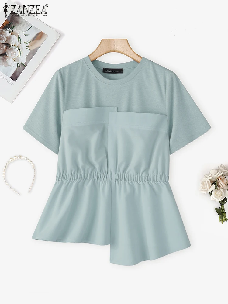 

ZANZEA, повседневные свободные топы с короткими рукавами, женская лоскутная блузка, 2021, плиссированные блузки, модная асимметричная туника, пуловер большого размера