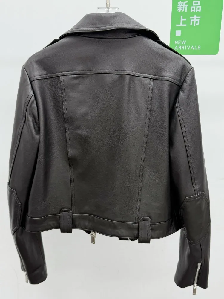 Ladies Leisure Slim Zipper Short Genuine Leather Jackets Solid Color Turn Down Collar Long Sleeves Pockets Sheepskin Outwear