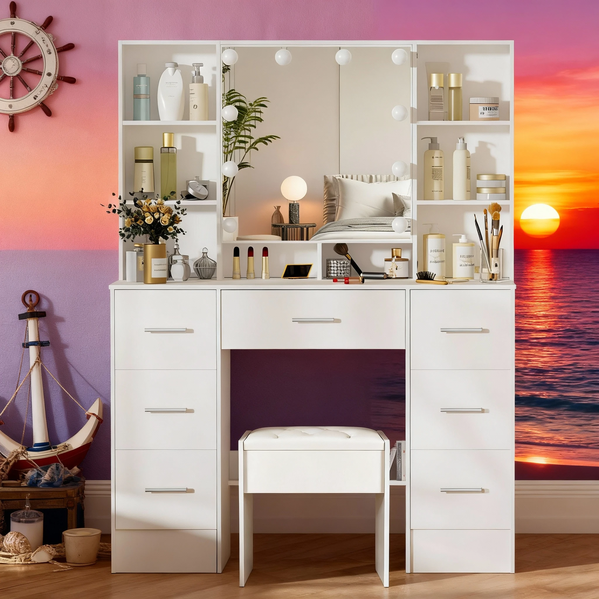 طاولة مكياج خشبية بيضاء مع مرآة LED و7 أدراج