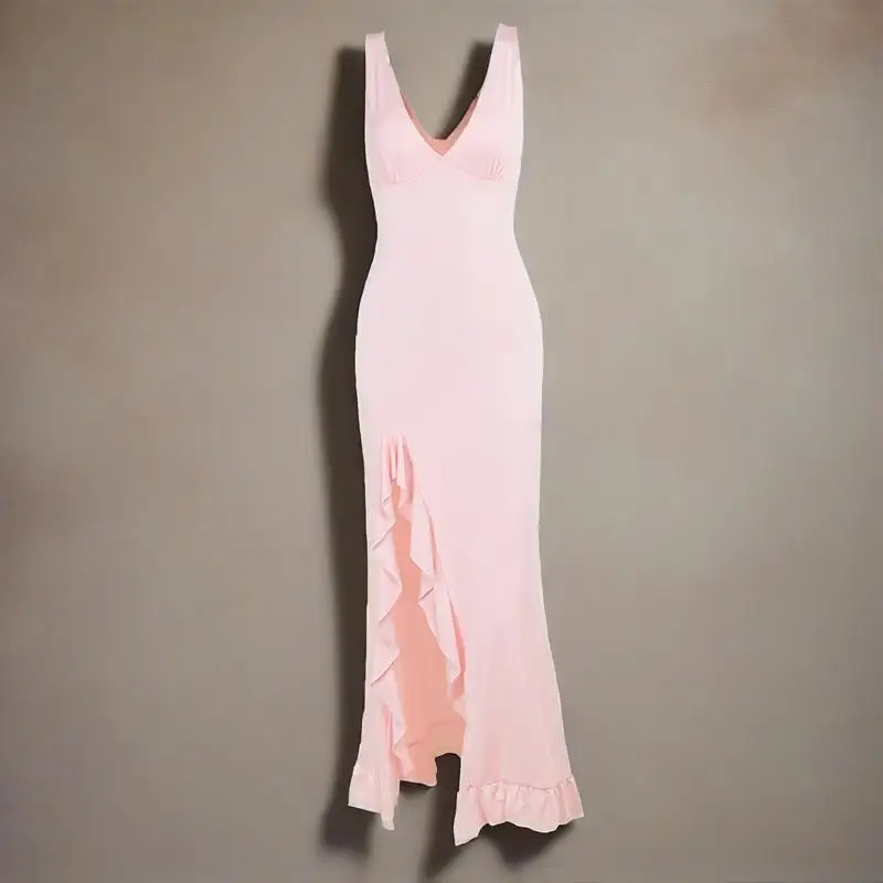 New summer solid-color, slim-fitting, elegant and sexy V-neck, ruffled high slit long halter dress, women's long dress