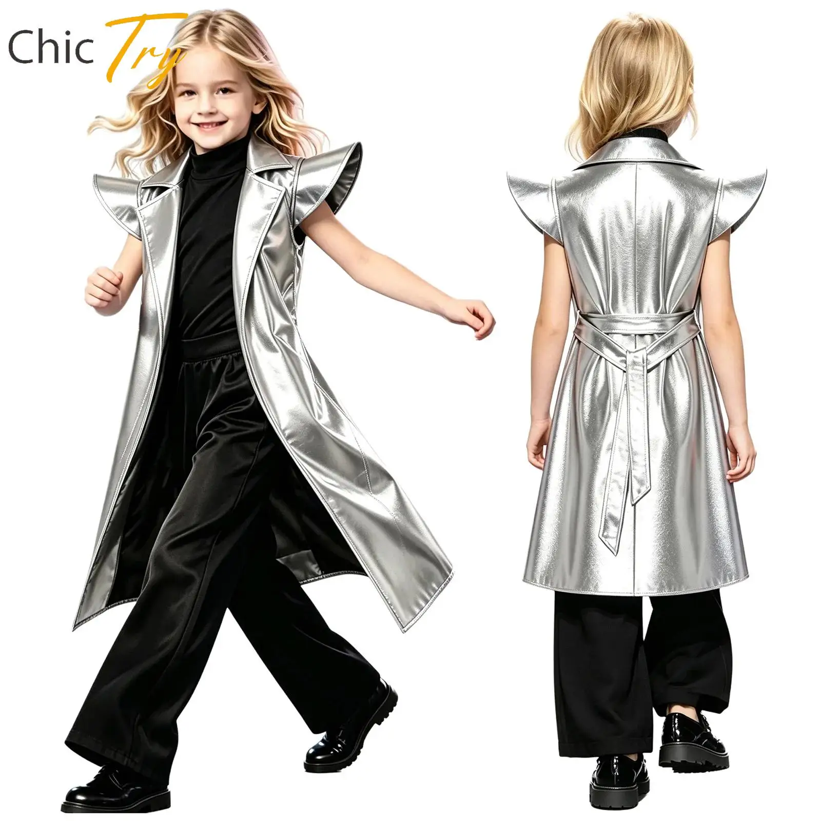 Children's Lapel Collar Cap Sleeve Jacket Tops Disco Waistcoat Kids Boys Metallic Trench Jazz Dance Stage Performance Costume