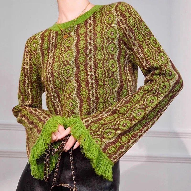 

Винтажный жаккардовый свитер с геометрическим принтом, женский элегантный топ с круглым вырезом и кисточками, новый осенний вязаный джемпер с расклешенными рукавами