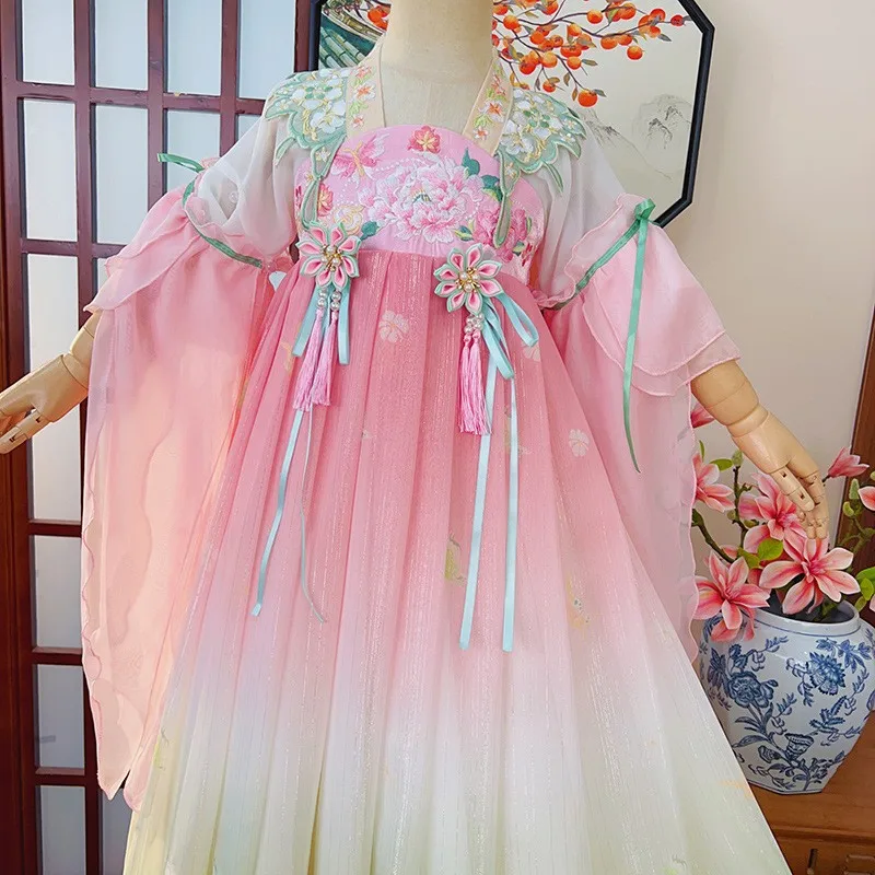 Chinese Kids Long Sleeve Dress Hanfu Lovely Girls Embroidery Dresses Traditional Folk Style Dance Perform Costumes Cosplay