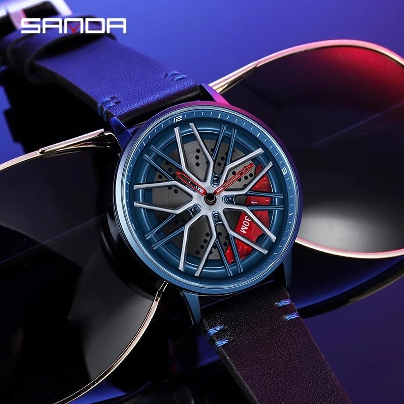 

SANDA 2024 Fashion Men Quartz Watch Unique Racing Furious Rotating Wheel 360° SpinningWristwatch Gifts 1107