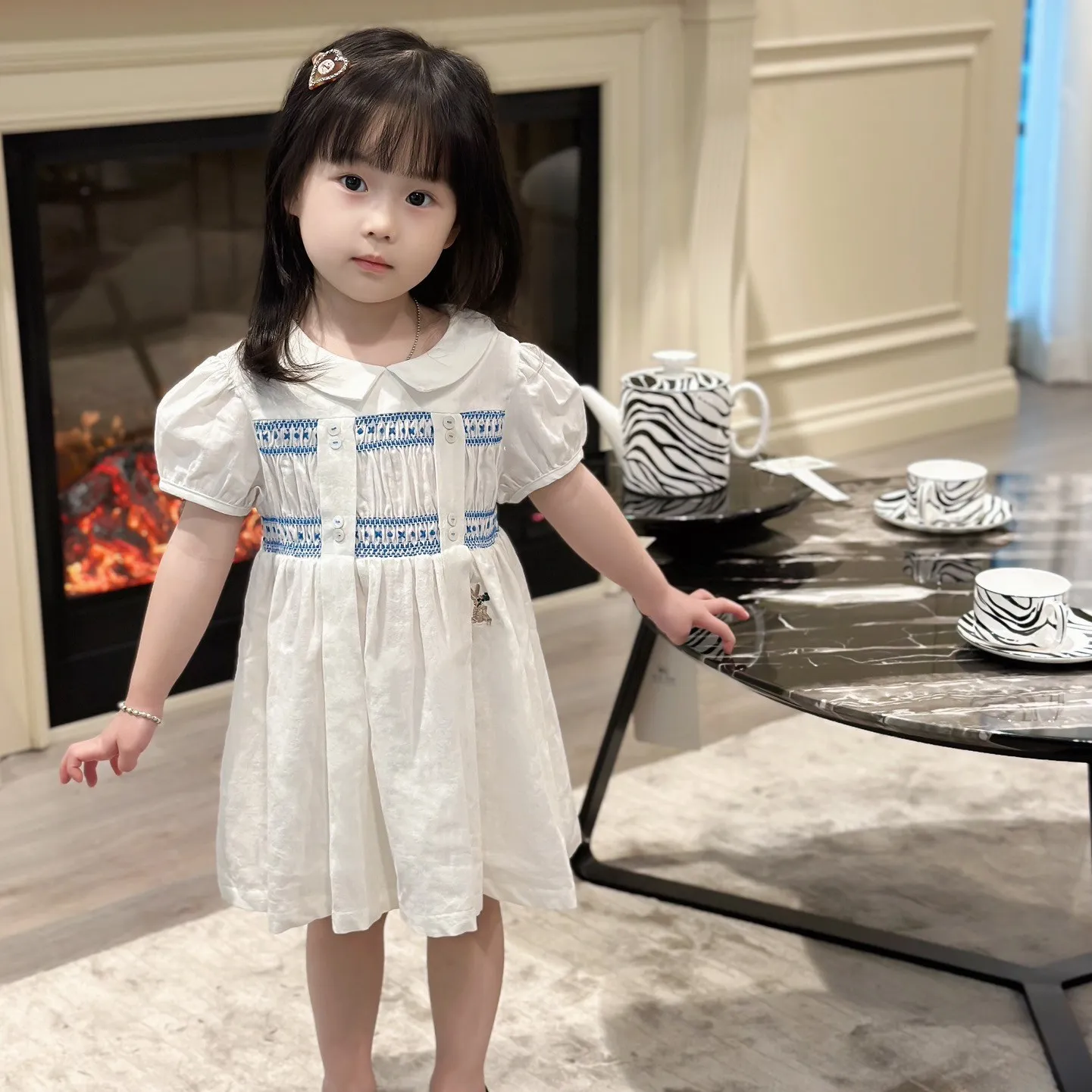 baby girls clothes Girl dress short-sleeved dress handmade blue embroidered high-quality sweet dress