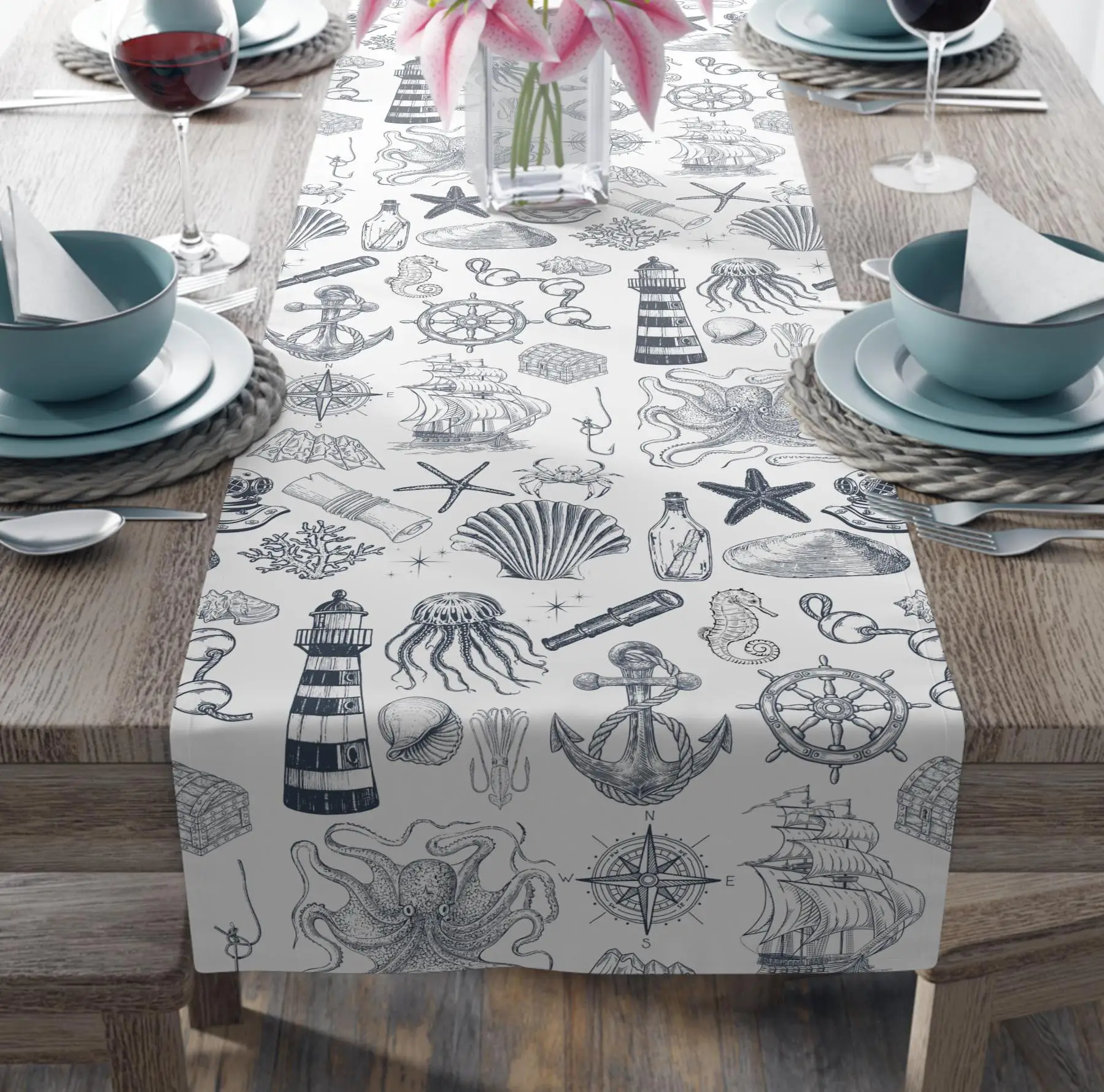 Nautical Lighthouse Coastal Table Runner, Ocean Shell Anchor Ship Kitchen Dining Room Scarf Beach Party Housewarming Decor