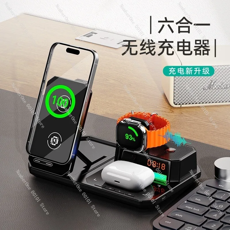 Bluetooth 6 in 1 Wireless Charging Station Colorful Digital Display Ambient Light Speaker Watch Wireless Phone Earbuds Charger