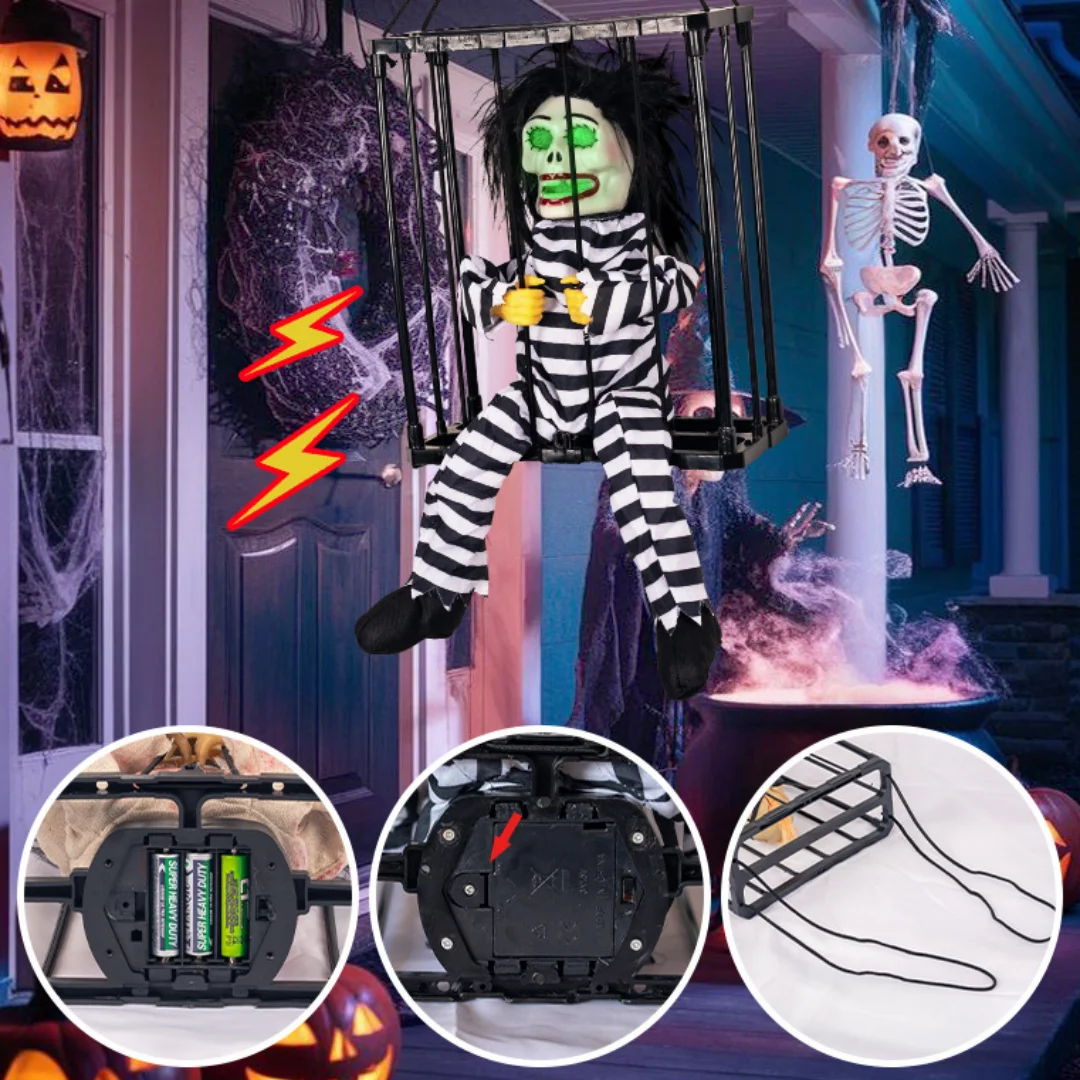 Halloween Scary Skull Decoration Hangable Talking Ghost Prop with Glowing Eye Sound Doll Electric Skeleton Toy in Prisoner Cage
