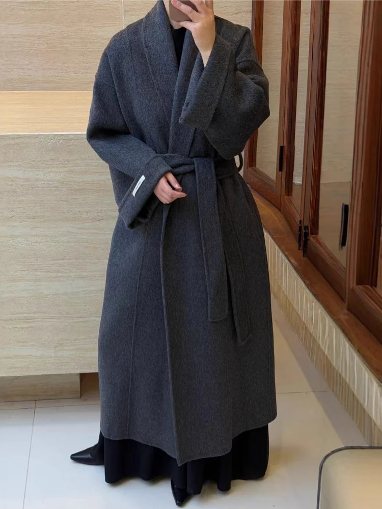 Korean Double-Sided Wool Coat Women's 2026 Autumn Winter New Large Lapel Long Loose Hepburn Style Thickened Warm Woolen Overcoat
