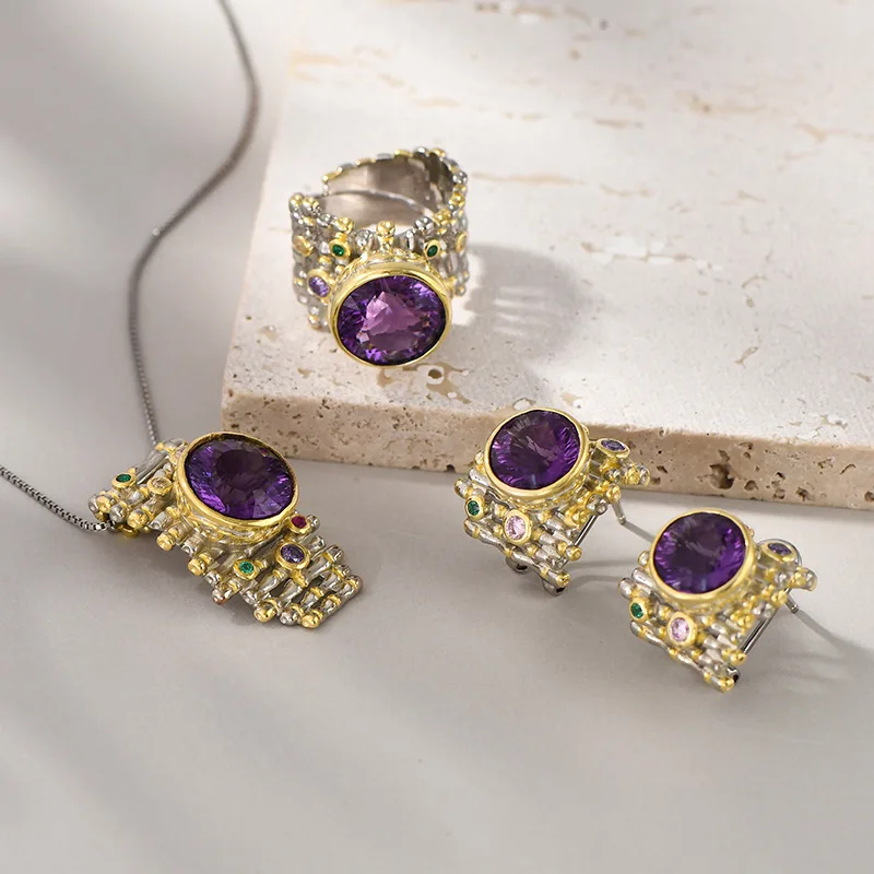 TZgrams Natural Purple Gemstone Amethyst S925 Silver Jewelry Set Woman Irregular Vintage Luxury Two Tone Ring Earrings Pendant