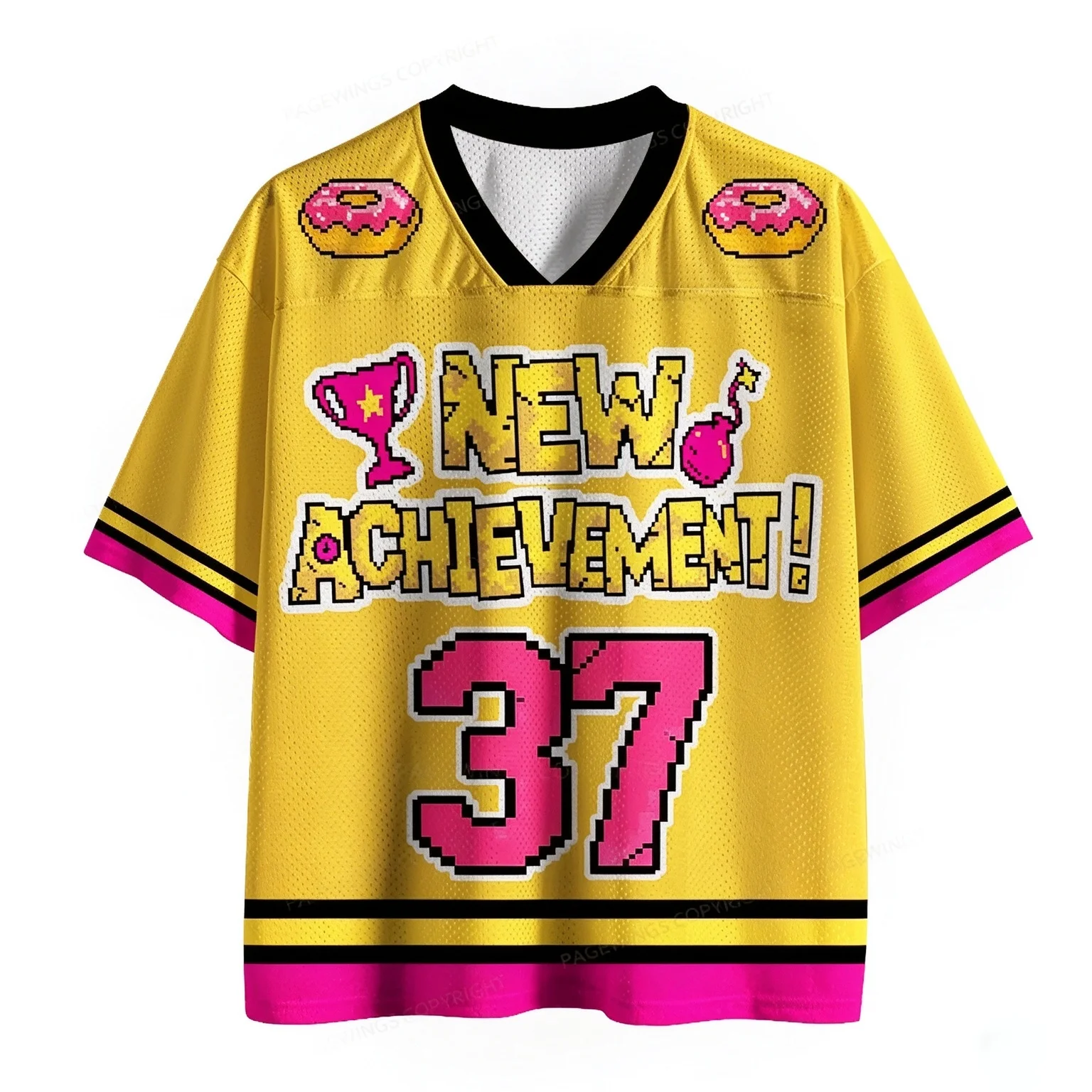 New Achievement Pixel Donut Mesh Jersey T-Shirt, Yellow Pink Trophy Number Print V Neck Short Sleeve Sports Tee
