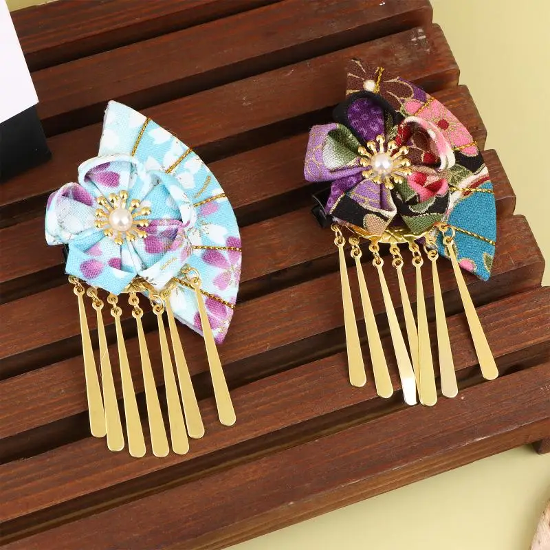 Japanese Kimono Robe Hair Clip Women Hairpin Faux Pearl Flower Fan Elegant Wedding Ceremony Accessory