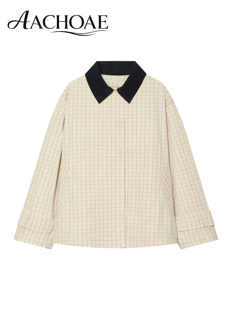 AACHOAE Women's Contrast Collar Plaid Jacket Casual Button Up Coat Oversized Long Sleeve Grid Print Shacket Minimalist Outerwear