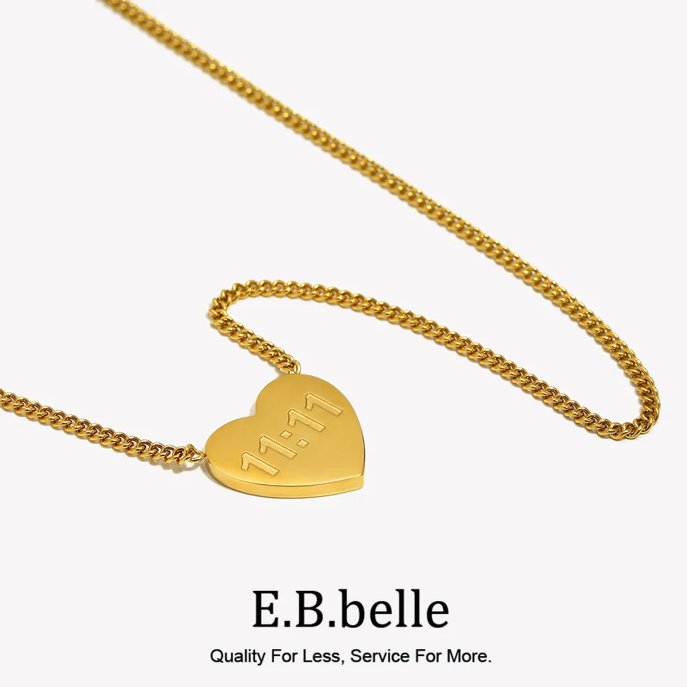 E.B.belle Waterproof New Stainless Steel 18K Gold Plated Jewelry 11:11 Lucky Angel Number Heart Shape Necklace For Women