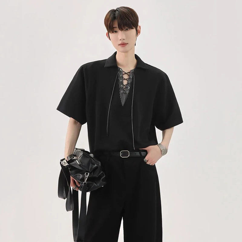 

Summer Fake Two Piece Men Short Sleeve Polo Sweatshirts Spliced Striped Drawstring Korean Fashion Business All-match Loose Tops