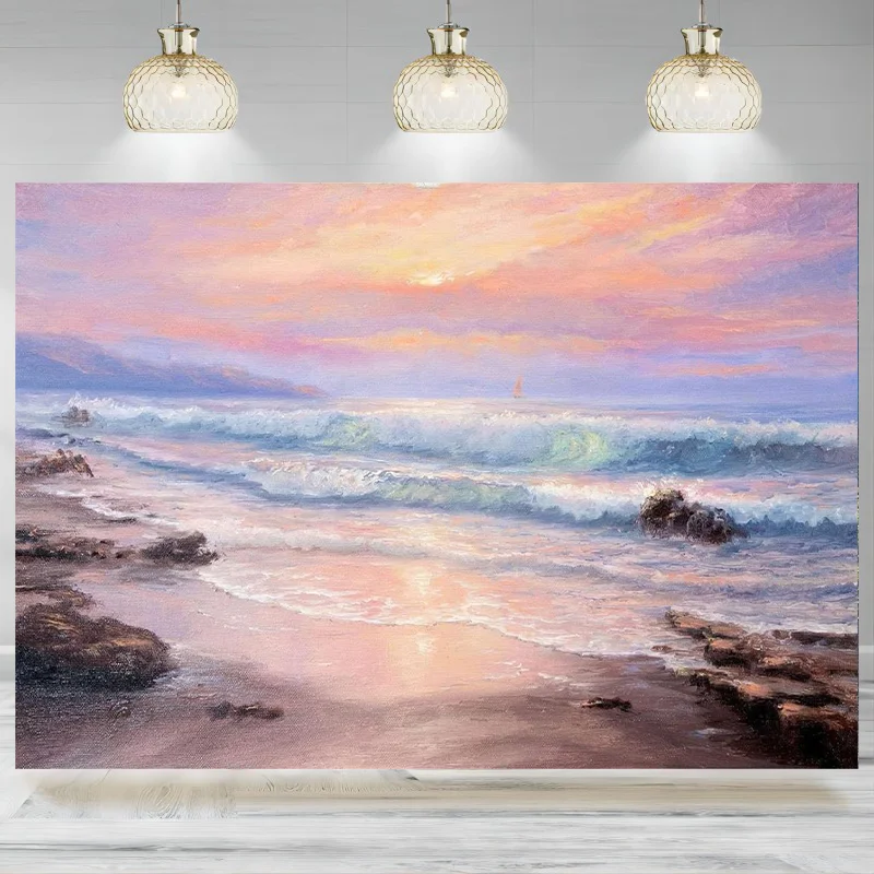 Spring Oil Painting Ocean Beach Sunset Backdrop Photography Sea Wave Sailboat Background Kids Birthday Party Decoration Banner