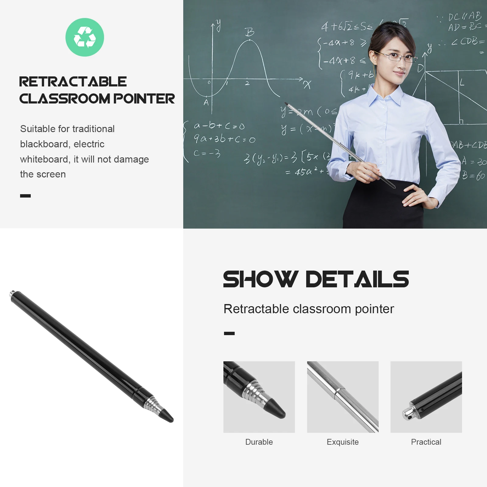 Retractable Indicator Pen Telescopic Pointer Handheld Presenter Whiteboard Extendable Mini