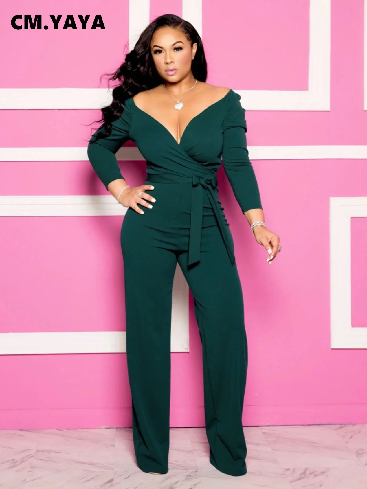 CM.YAYA Fashion Women Long Sleeve Knit Ribbed Wrap V-neck Wide Leg Jumpsuit 2023 Autumn Party Playsuit One Piece Suit Romper