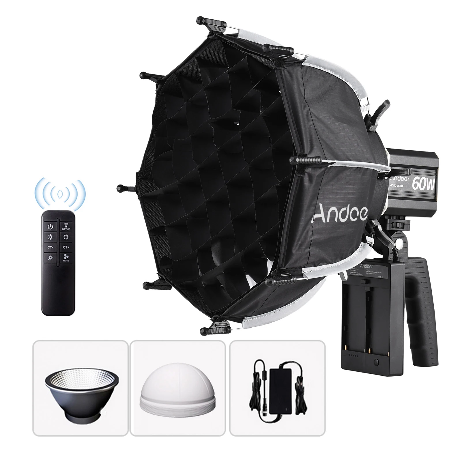 

Портативный светодиодный видеосвет Andoer 60W COB для фотосъемки, 2800K-6800K, с регулировкой яркости, 9 FX-эффектов и восьмиугольным софтбоксом-рефлектором