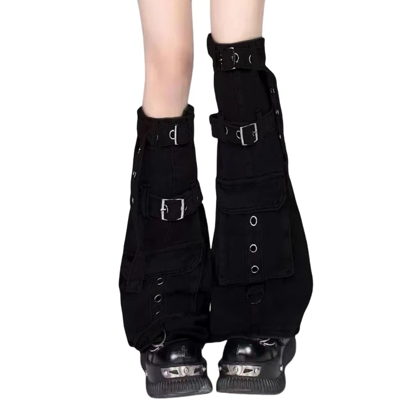 Punk Leg Warmer with Buckled Pocket Harajuku Denims Over Knee Flared Stockings