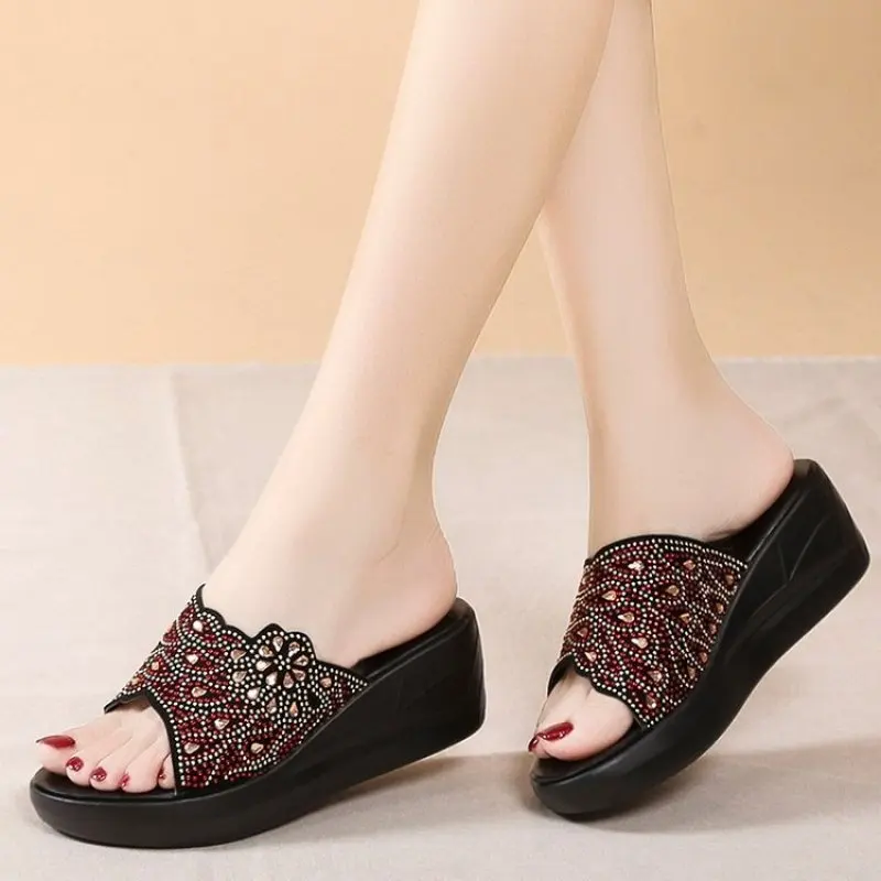 Sandal wanita musim panas, sepatu sandal wanita musim panas, sepatu Wedges, sepatu musim panas berlian imitasi, sepatu modis, nyaman, kasual, bersirkulasi