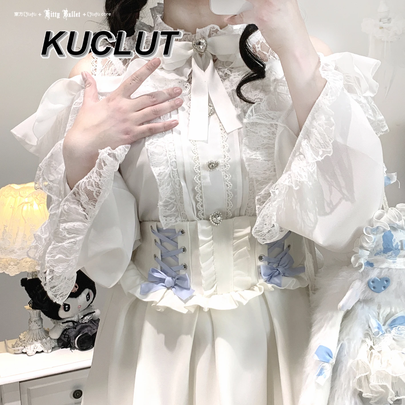 Vrouwen Tops Herfst Kant Off-Shoulder Top Zoete en Leuke Meisjes Shirts Mode Lolita Japanse Stijl Lange Mouw blouse Femme