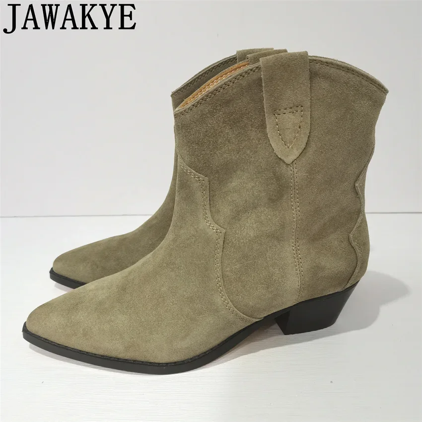 Classic Hot Sale Chelsea Boots Woman Cow Suede Pointy toe Wedges heel Ankle Boots lazy Slip on Comfort Cowboy Boots Mujer