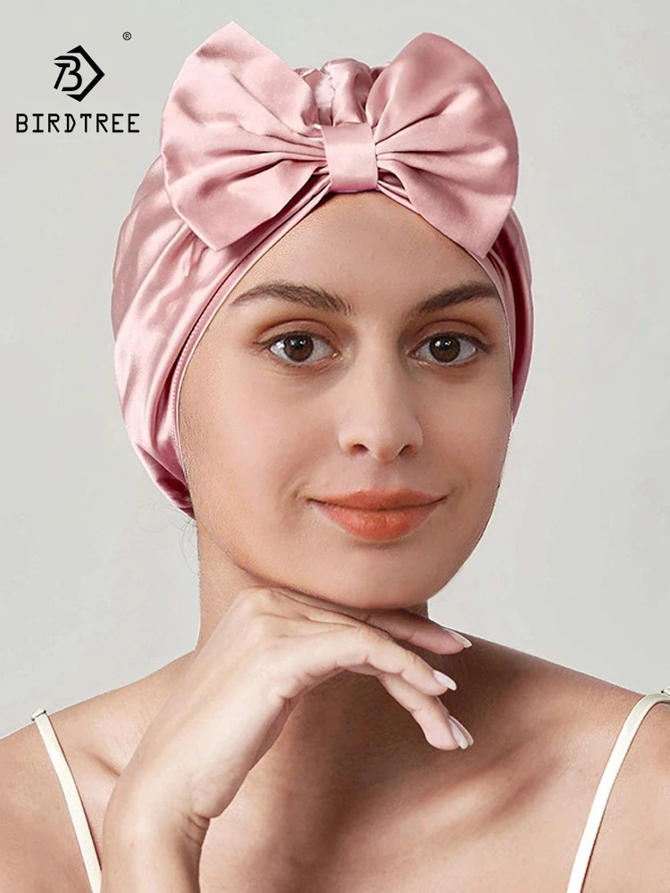 

BirdTree, 19MM 100%Real Silk Cap, Women French Bow, Anti Frizzy Hair Care Breathable Home Bathcap, 2024 Summer Autumn A47021QC