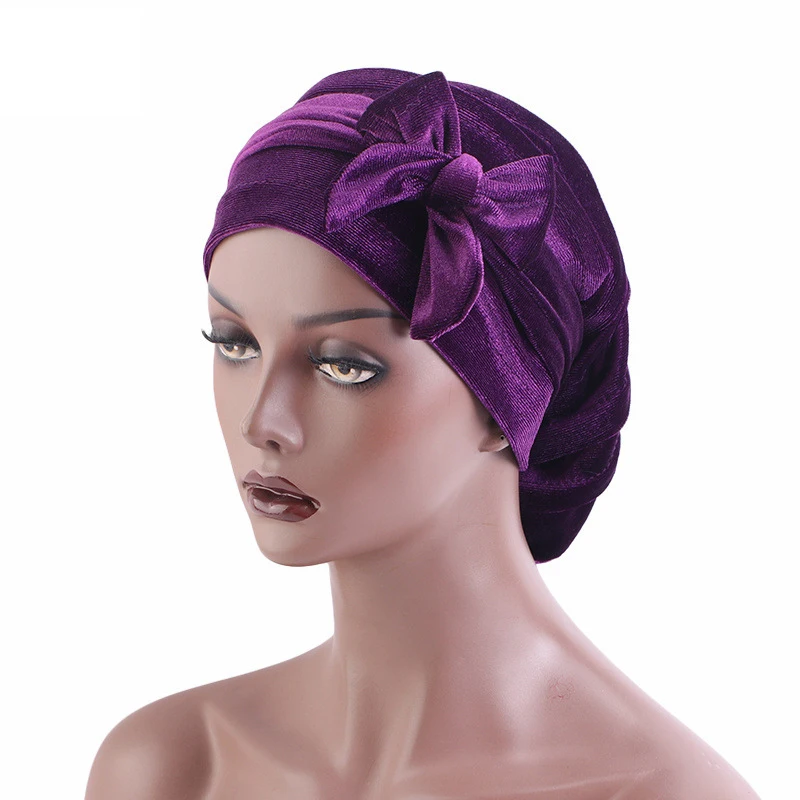 New Women Velvet Rasta Turban Ribbon Head Wrap Beanie Hair Loss Chemo Cap Slouchy Baggy Hijab Bonnet African Nigerian Headwear