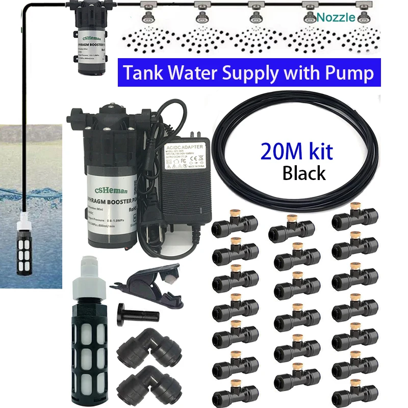 DIY 20M Quiet Misting Cooling System Kits with Quiet Water Pump +20pcs Nozzles Sprayer for Patio, Garden,Greenhouse, Backyard