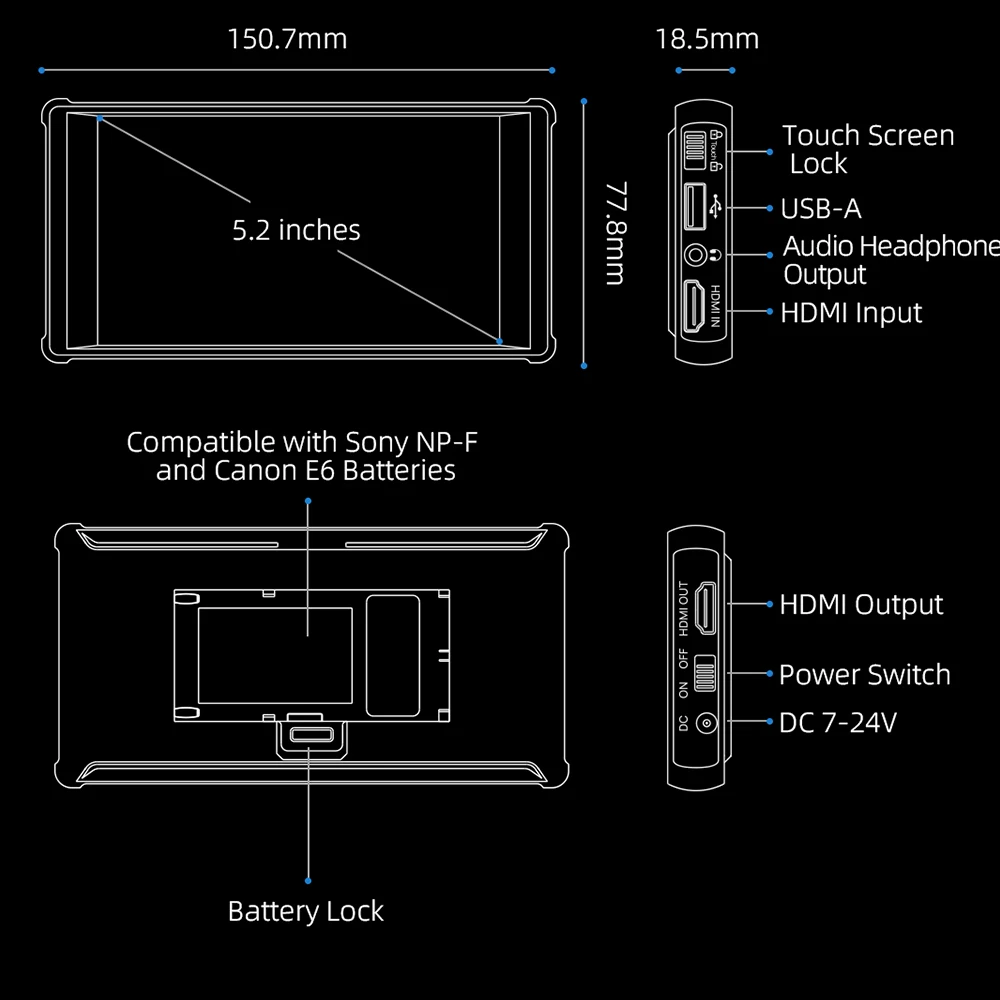 Imagem -06 - Monitor com Tela Sensível ao Toque para Câmera Slr 3d Lut 5.2 na Câmera de Vídeo Esticável Transmissão ao Vivo Portkeys-pt6