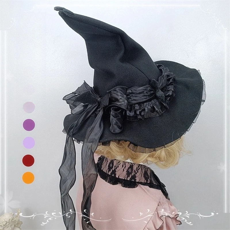 Cappello da strega di Halloween originale fatto a mano Cappello da mago a punta Cappello a cilindro gotico scuro Lolita per ragazze