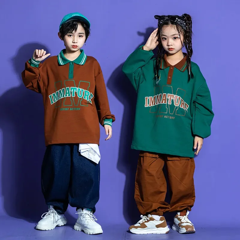 

Children's Streetwear Sports Jazz Hip Hop Dance Costumes Teenage Boys Girls Long Sleeve T-shirt Jeans Cargo Pant Tracksuit Kids