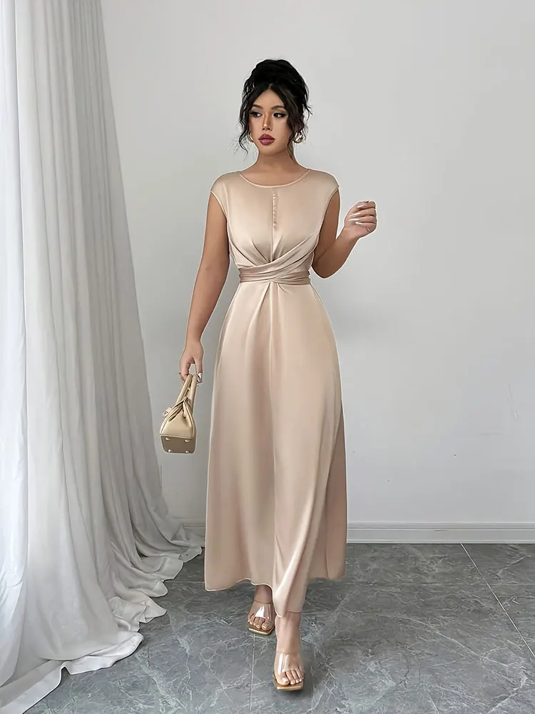 فستان نسائي جديد أنيق برقبة دائرية بدون أكمام بقصة ضيقة وحزام ربط من الساتان ملابس أنثوية فساتين حفلات أنيقة