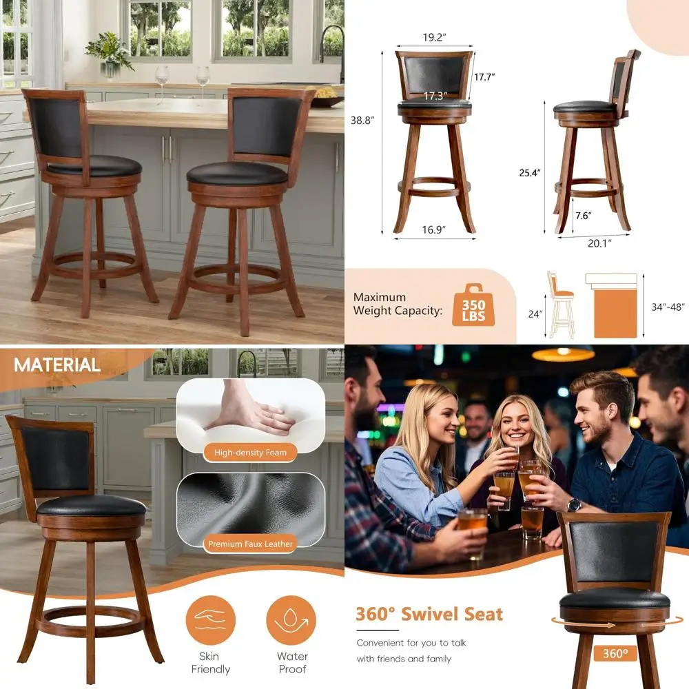 Set of 2 24 High Swivel Bar Stools with Backrest and Faux Leather Seat for Kitchen Island
