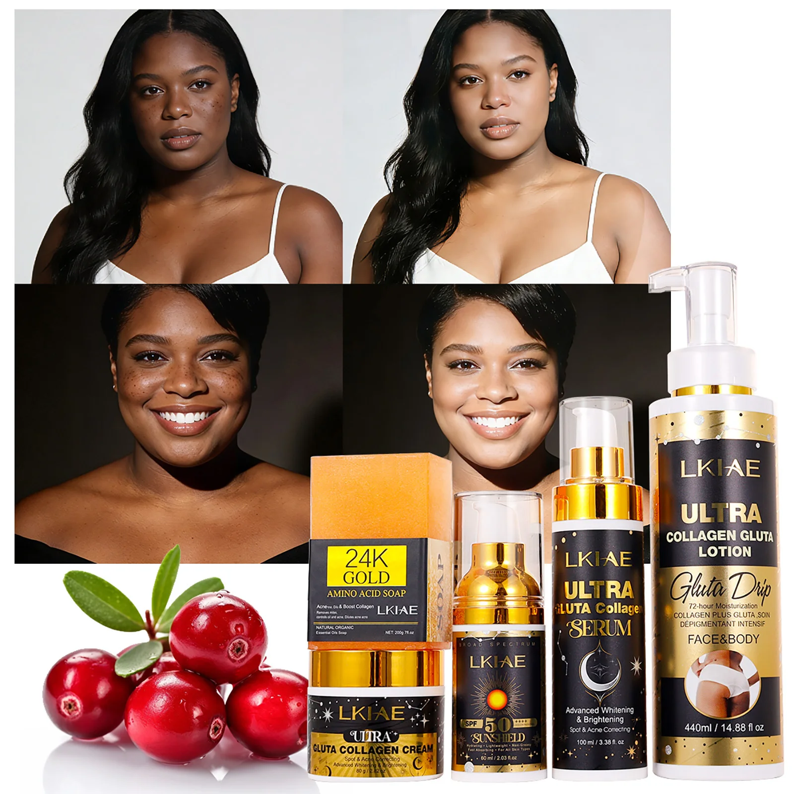 LKIAE Ultra Glutathion und Kollagen Aufhellungs-Set, Feuchtigkeitspflege, Reduziert Dunkle Flecken, Verbessert Rauheit, Verleiht der Haut Weichheit und Glätte