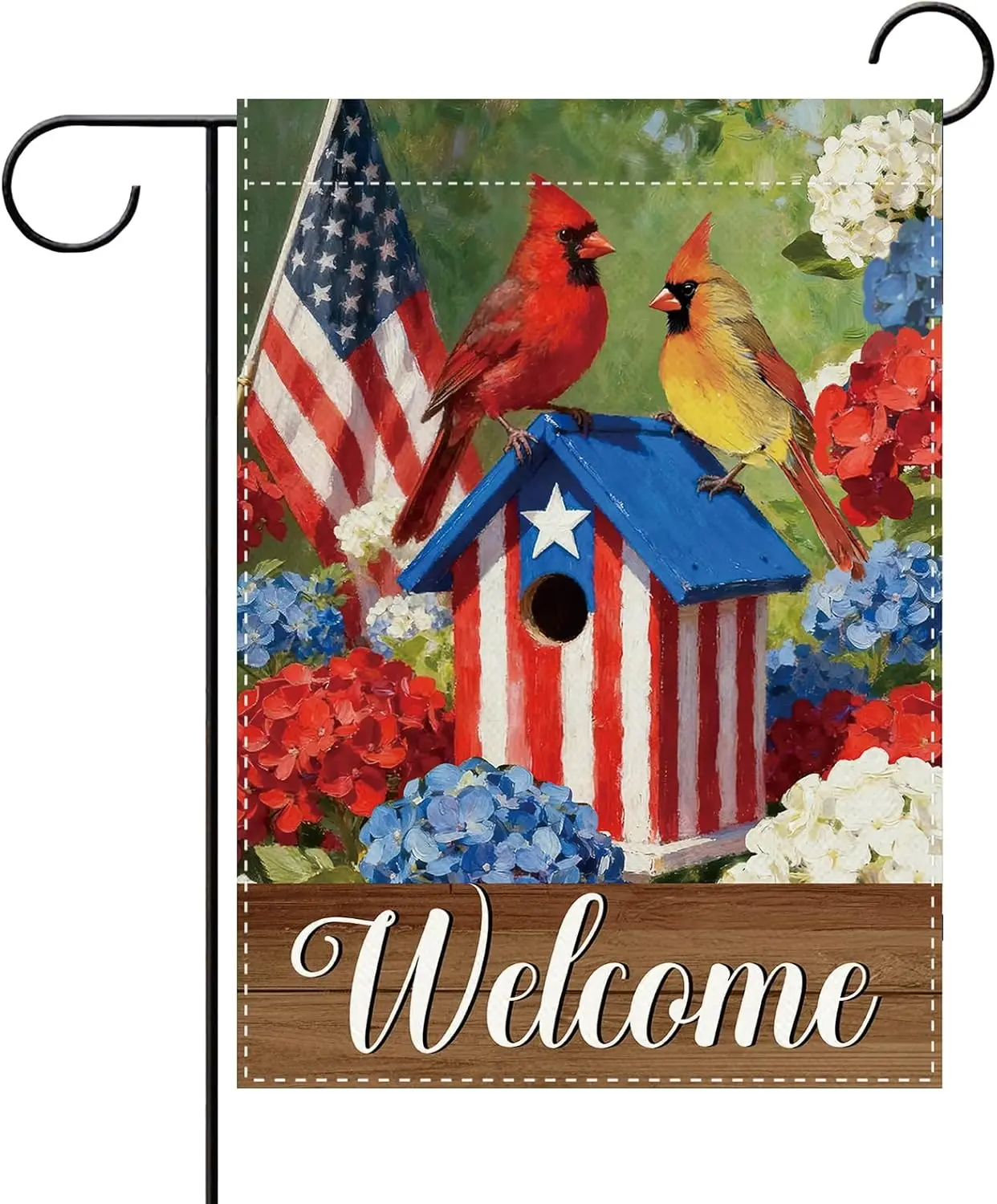 Welcome 4th of July Patriotic Cardinal Birdhouse Decorative Garden Flag, America Hydrangea Flower Small Yard Outside Decorat AAS