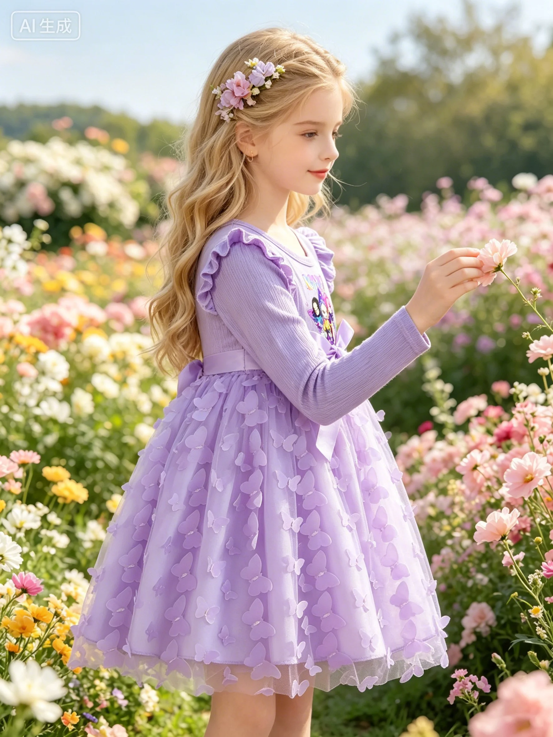 Mädchen-Kpop-Kleid mit Cartoon-Print, langärmliges Schmetterlings-Mesh-Kleid, lässiges, locker sitzendes Kleid für Kinder, Kleidung im Idol-Stil – Detail 5