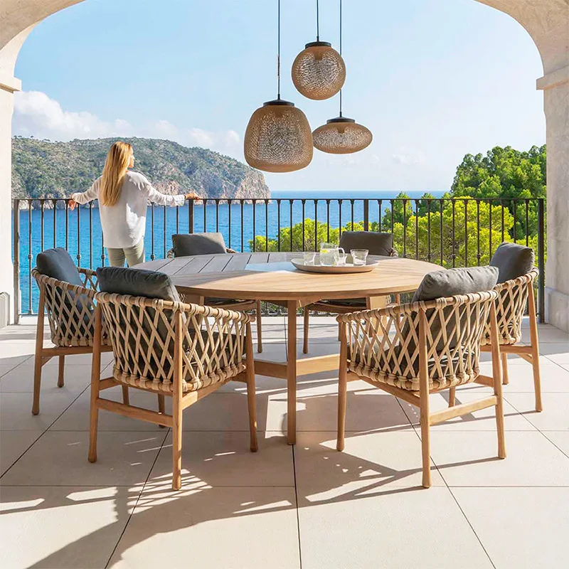 

Table and chair courtyard solid wood dining combination villa garden rattan chair rattan outdoor