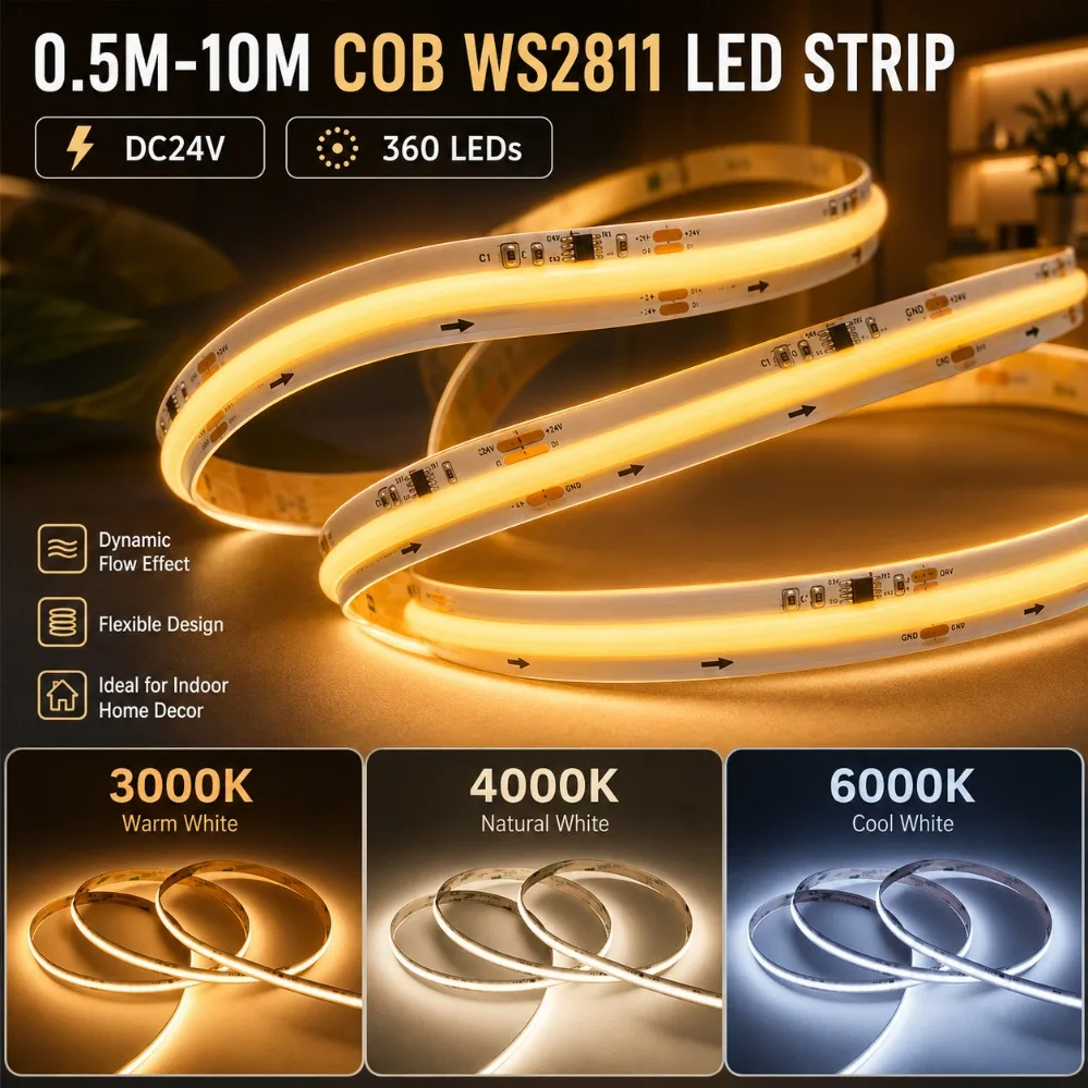 DC24V WS2811 COB LED Strip Addressable 0.5M-10M 360LEDs Flow Lighting Flexible 3000K 4000K 6000K Indoor Home Decor Light Strip