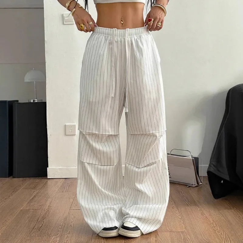 

Новые свободные повседневные женские полосатые эластичные модные брюки с высокой талией контрастного цвета