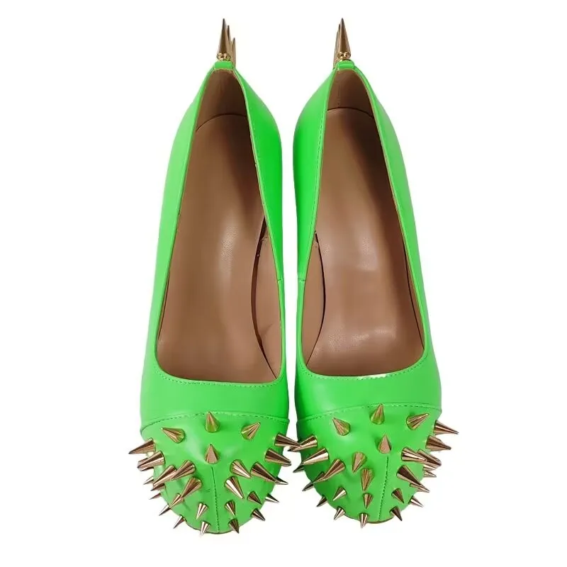 

DIZHUANG Сексуальные женские туфли на высоком каблуке. Зеленые туфли из матовой кожи с шипами. Высота каблука около 15 см. Туфли с круглым носком. Четырехсезонная обувь.